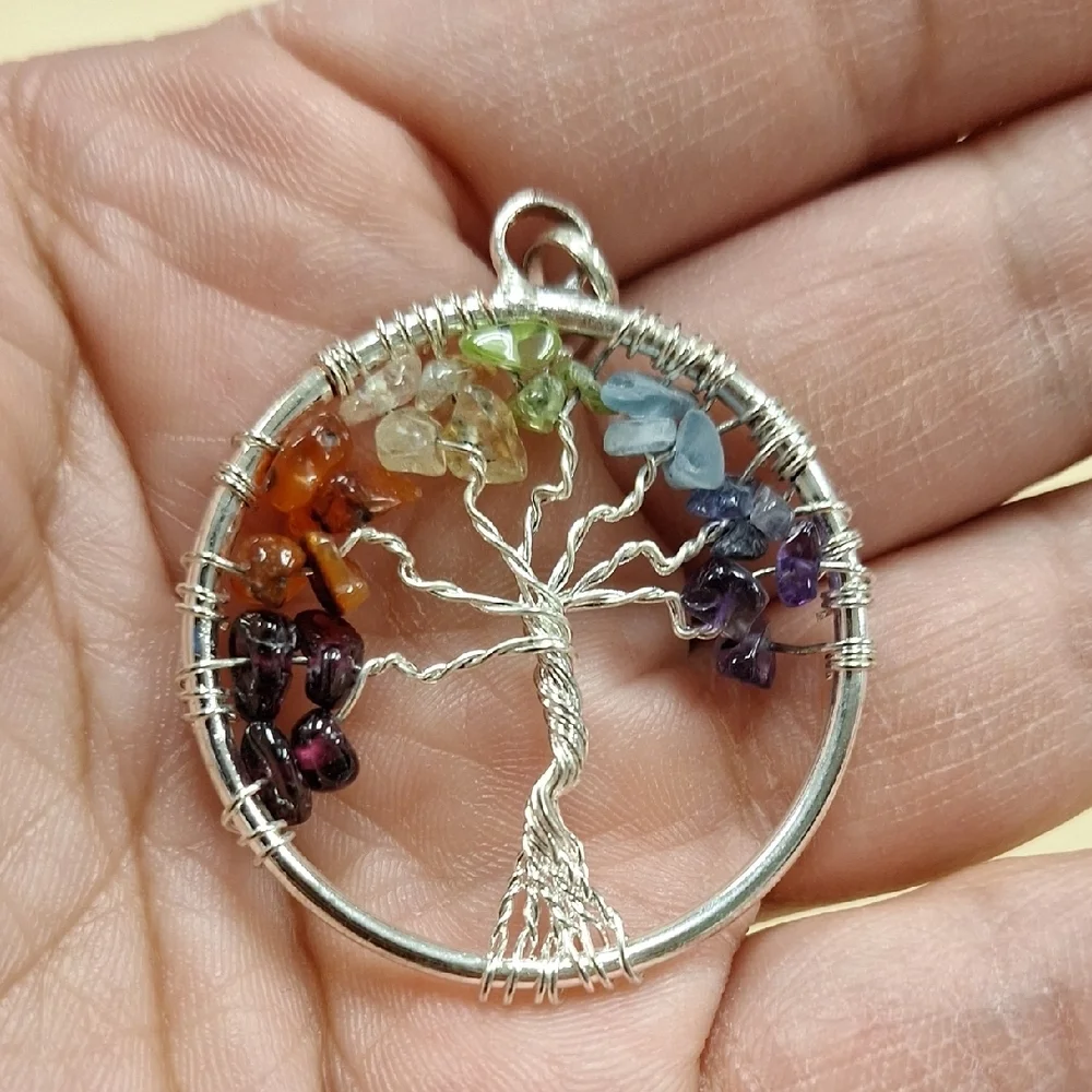 Silver Tree of Life Pendant with Multicolor Gemstones - Picture 2 of 3